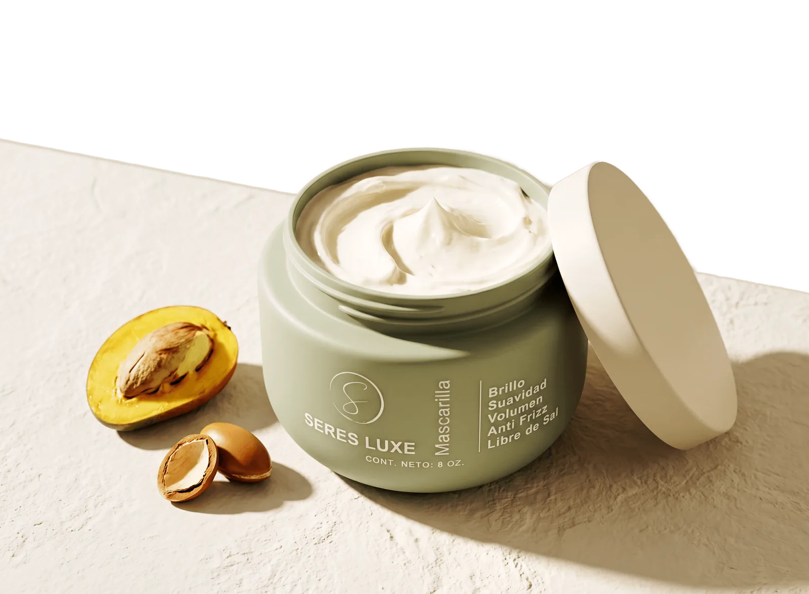 Mascarilla Nutritiva Seres Luxe abierta, junto a mango y argán