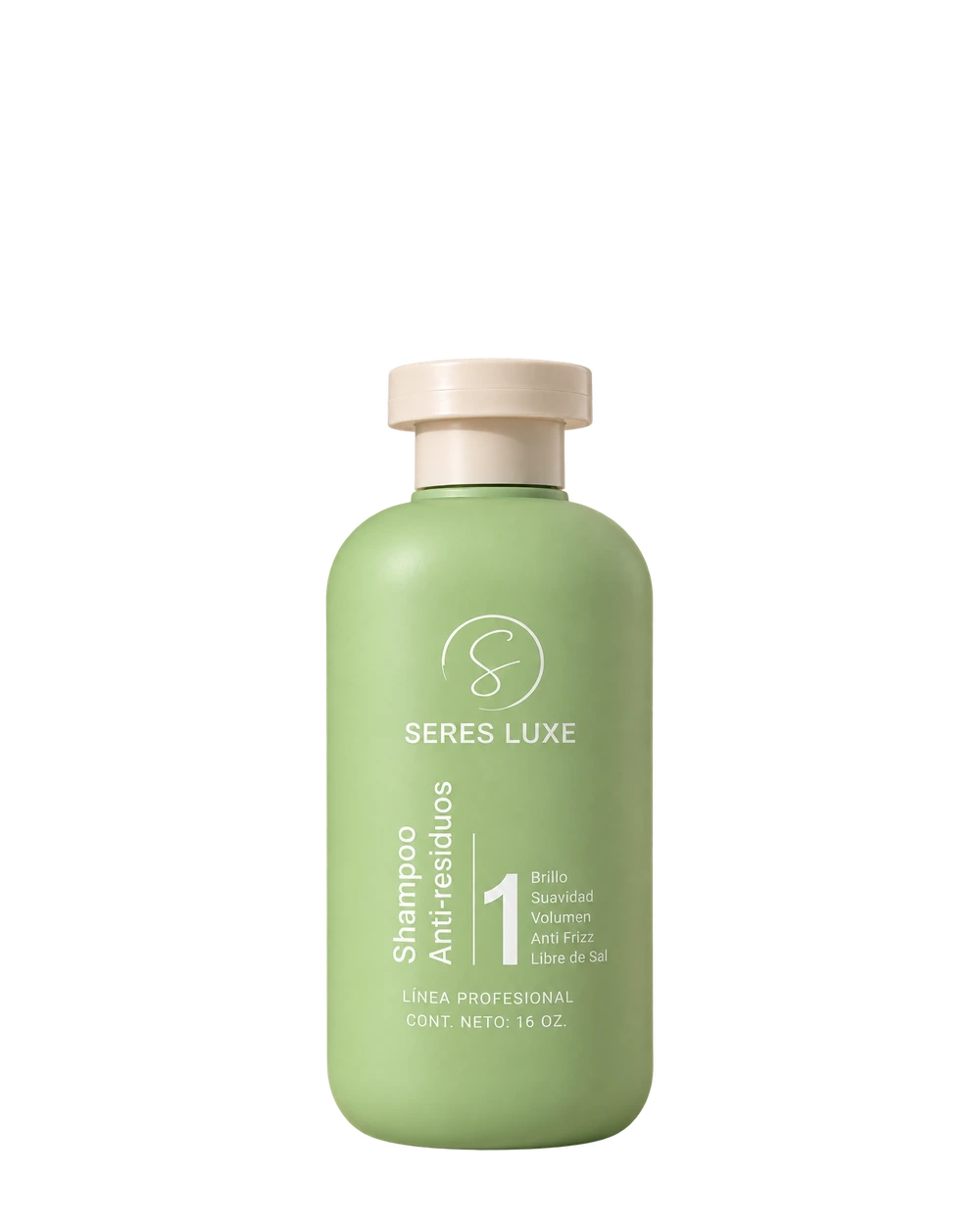 Shampoo Anti-residuos Seres Luxe en frasco verde, paso 1