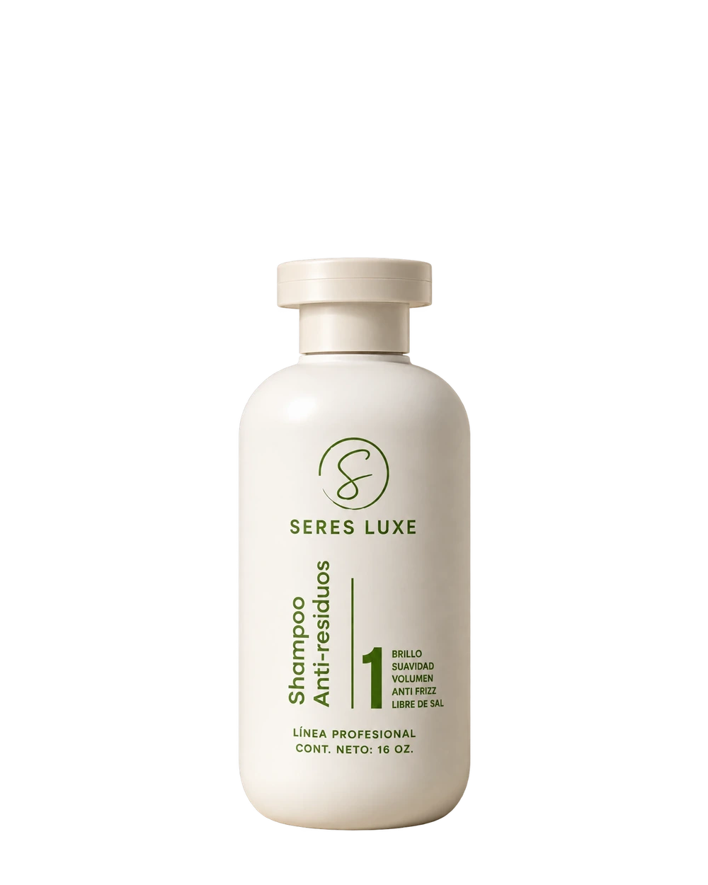 Shampoo Anti-residuos Seres Luxe en frasco blanco, paso 1